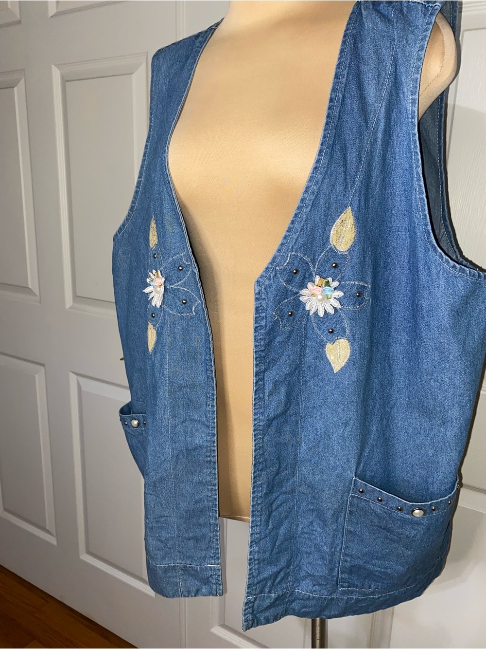 Vintage Cactus Blue Denim Vest with Embroidered Floral Accents, Boho, Americana